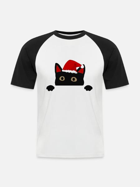 katze mit weihnachtsmütze - Männer Baseball-T-Shirt - Weiß/Schwarz