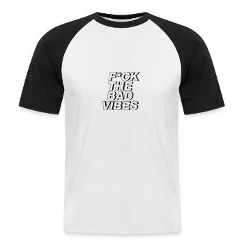 F*CK THE BAD VIBES - Männer Baseball-T-Shirt - Weiß/Schwarz - Vorne - Nik (191cm)