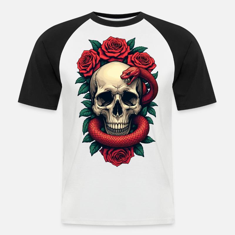 Teschio Rose e Serpente - Maglia da baseball a manica corta da uomo - bianco/nero