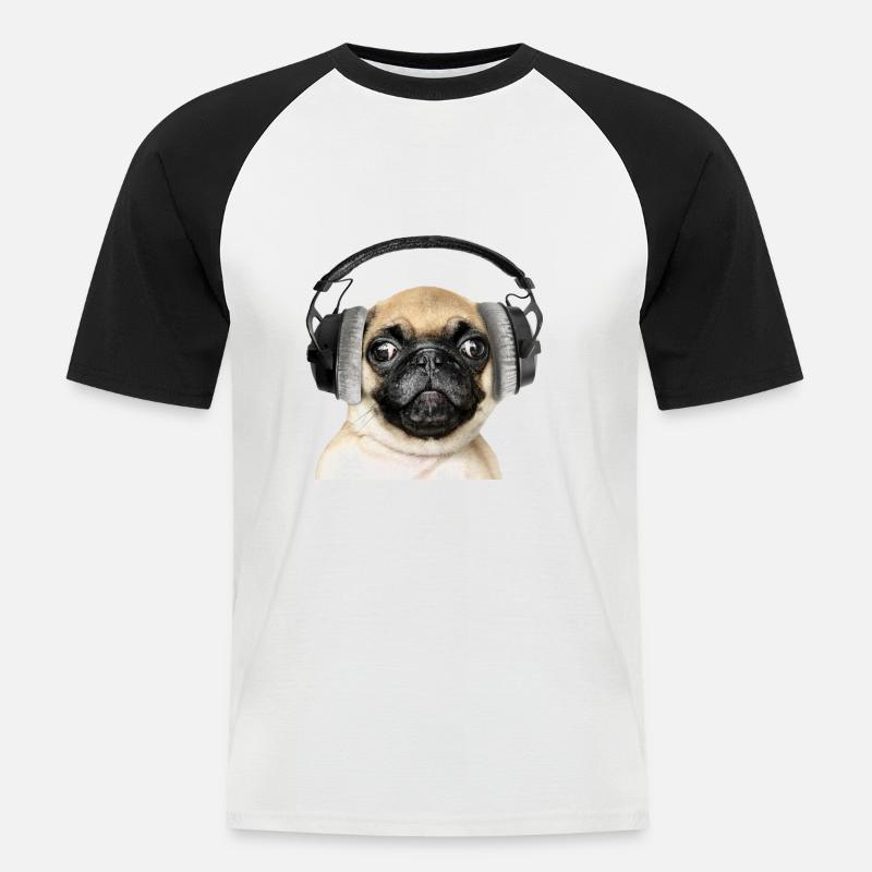 Mops mit Kopfhörer - Männer Baseball-T-Shirt - Weiß/Schwarz
