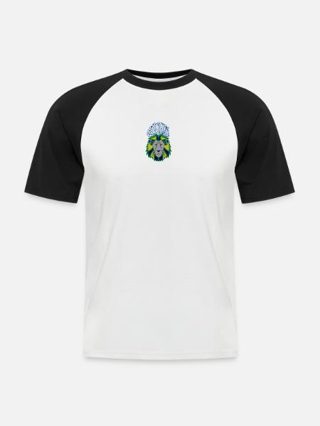 Löwenkopf mit Pfauenfedernkunst - Männer Baseball-T-Shirt - Weiß/Schwarz