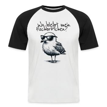 Wo bleibt mein Fischbrötchen Coole Möwe Spruch - Männer Baseball-T-Shirt - Weiß/Schwarz - Vorne - Nik (191cm)