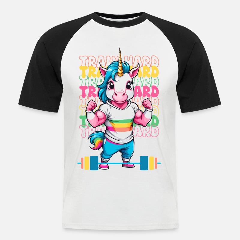 Bodybuilder Einhorn - Männer Baseball-T-Shirt - Weiß/Schwarz