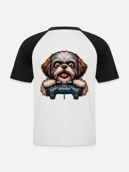 Dog gamers, Dog game freak shih tzu - Men's Baseball T-Shirt - white/black