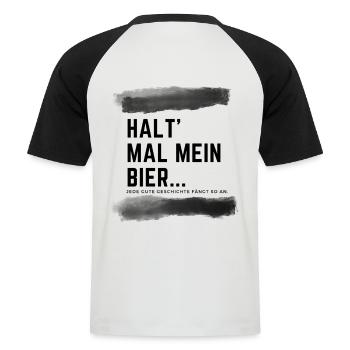Story: Halt mal mein Bier - Männer Baseball-T-Shirt - Weiß/Schwarz - Hinten - Nik (191cm)