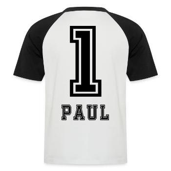 Paul 1 - Männer Baseball-T-Shirt - Weiß/Schwarz - Hinten - Nik (191cm)