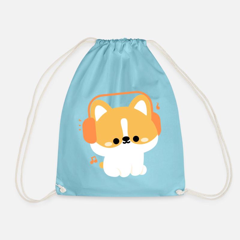 Headphone Corgi - Drawstring Bag - aqua