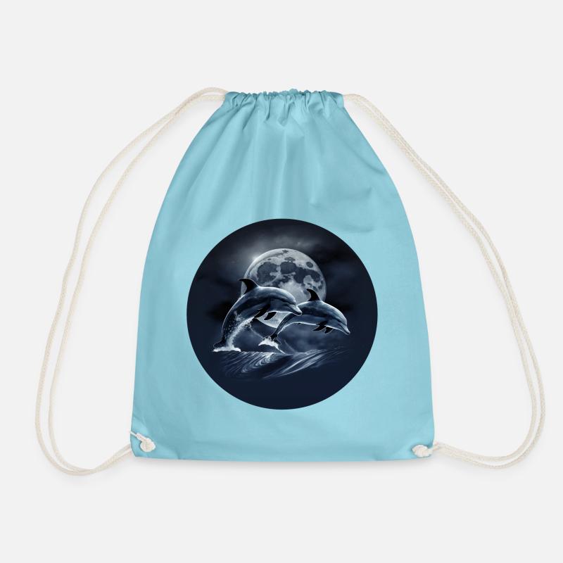 Dolphins Jumping in front of a Full Moon - Drawstring Bag - aqua