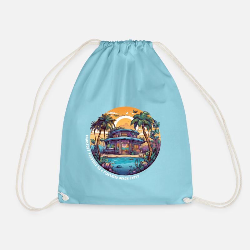 Transport yourself to a pixelated beach party - Drawstring Bag - aqua