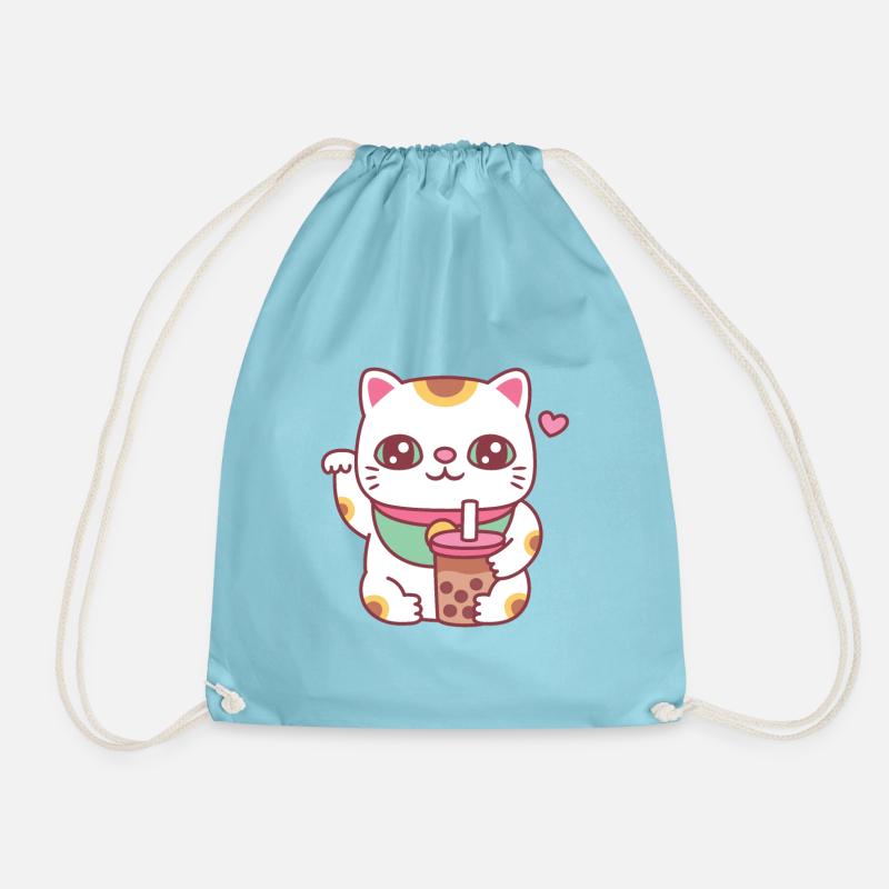 Cute Maneki Neko Cat With Bubble Tea - Drawstring Bag - aqua