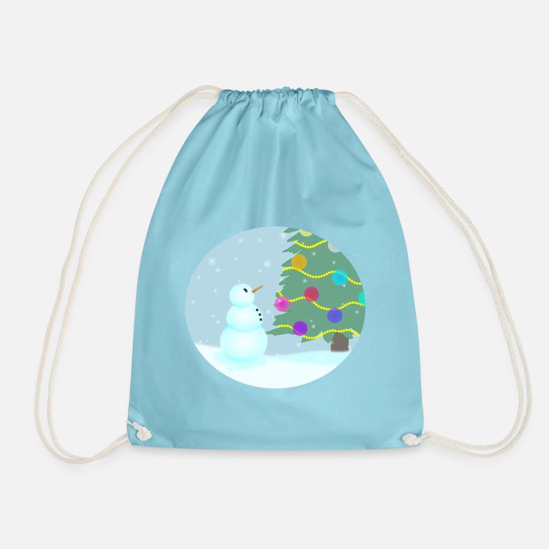 Snowman admires Christmas tree - Drawstring Bag - aqua