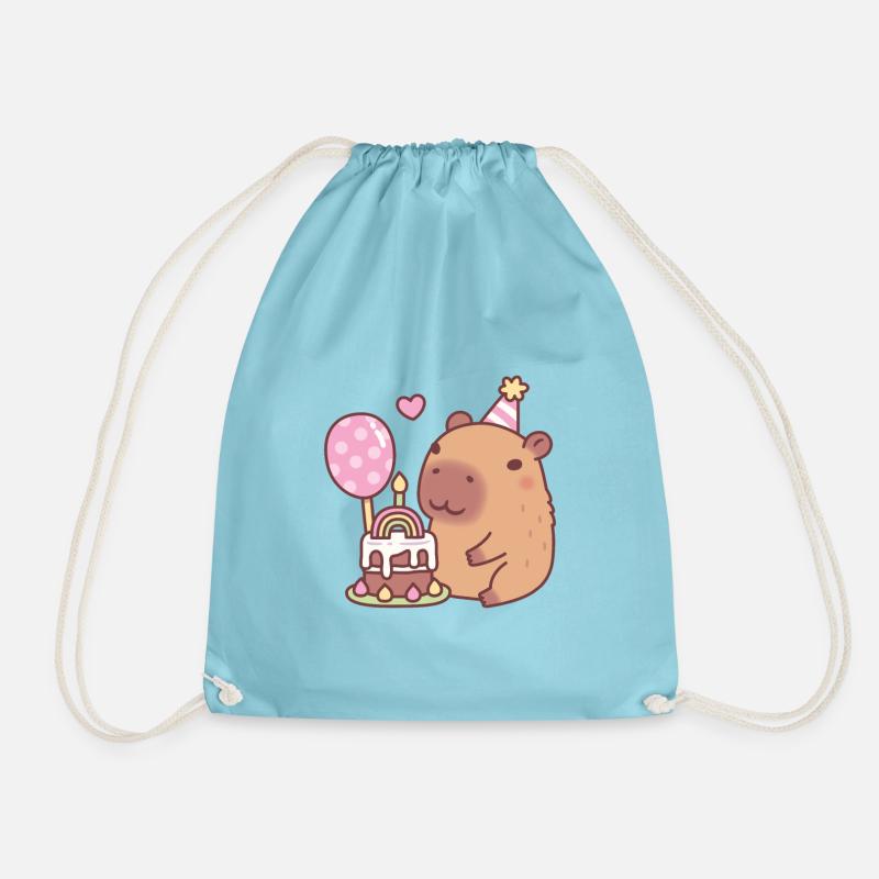 Cute Capybara Rainbow Birthday Cake And Balloon - Drawstring Bag - aqua