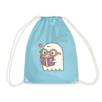 Cute Ghost Reading A Book With A Skull - Drawstring Bag - aqua - Front