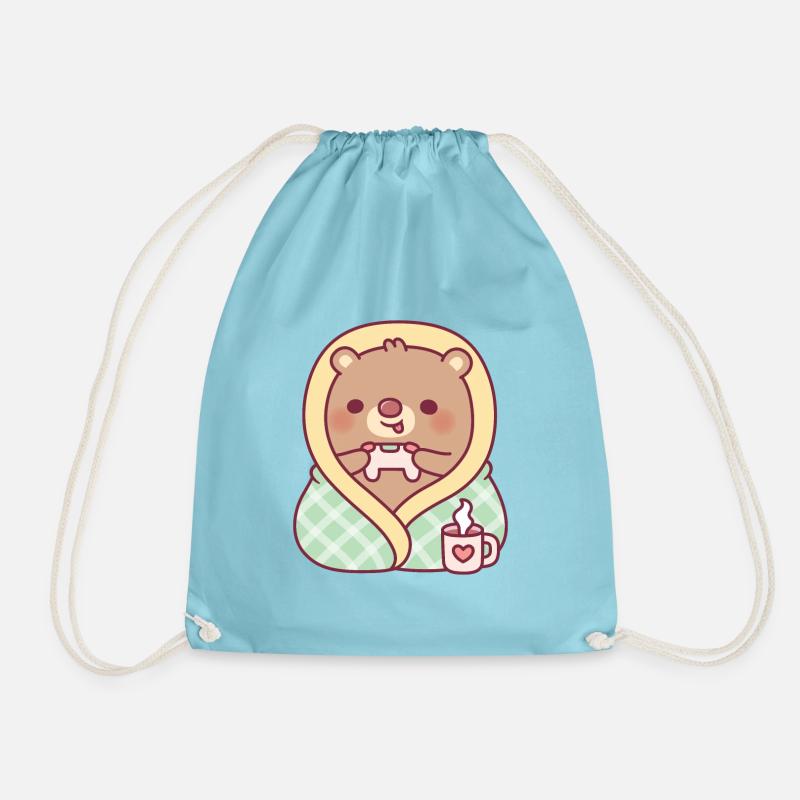 Cute Bear Wrapped In Cozy Blanket While Gaming - Drawstring Bag - aqua
