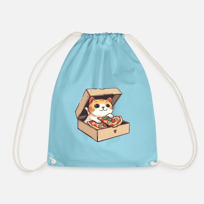 Cat Inside a Pizza Box Holding a Pizza Slice - Drawstring Bag - aqua
