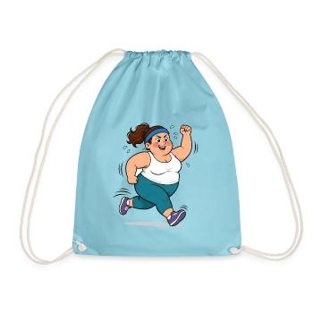 Korpulente Comic Frau beim Jogging Sport Spaß Shir - Turnbeutel - Aqua - Vorne