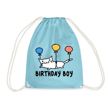 Runder Geburtstag Geschenk Katze mit Ballons - Turnbeutel - Aqua - Vorne