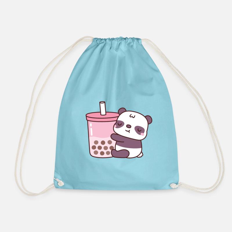 Cute Panda Hugging Strawberry Milk Tea With Boba - Drawstring Bag - aqua