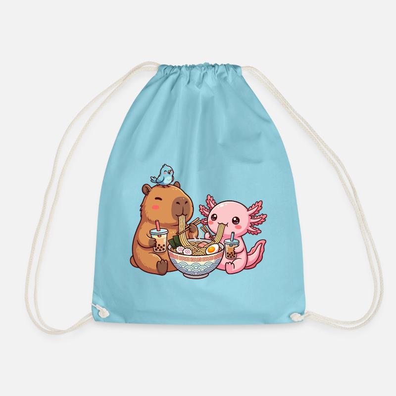 Kawaii Capybara Axolotl Ramen Bubble Tea - Drawstring Bag - aqua