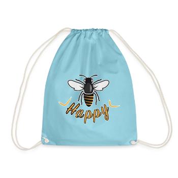 Happy bee with 'Happy' lettering - Drawstring Bag - aqua - Front