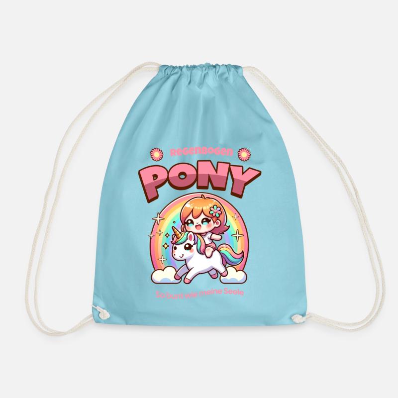 Rainbow Pony Cuddle Art in Kawaii Style - Drawstring Bag - aqua