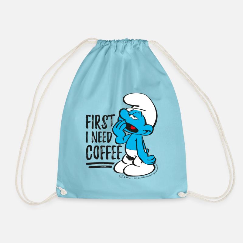 The Smurfs Funny Gift First I Need Coffee - Drawstring Bag - aqua