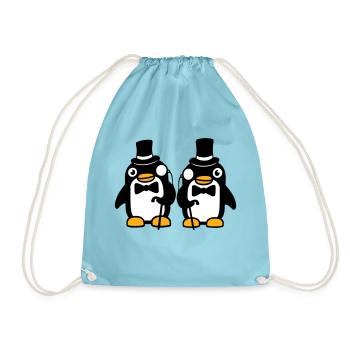 2 Pinguin Gentlemen Sir Herr Zylinder Hut Monokel - Turnbeutel - Aqua - Vorne