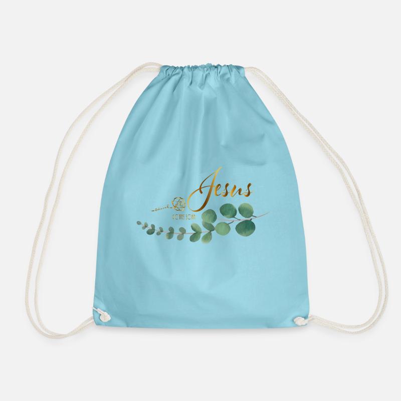 beloved font with rose eucalyptus Jesus - Drawstring Bag - aqua