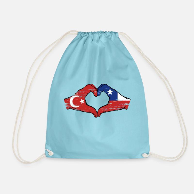 Turkey Chile Flag Hands Heart Shape Used - Drawstring Bag - aqua