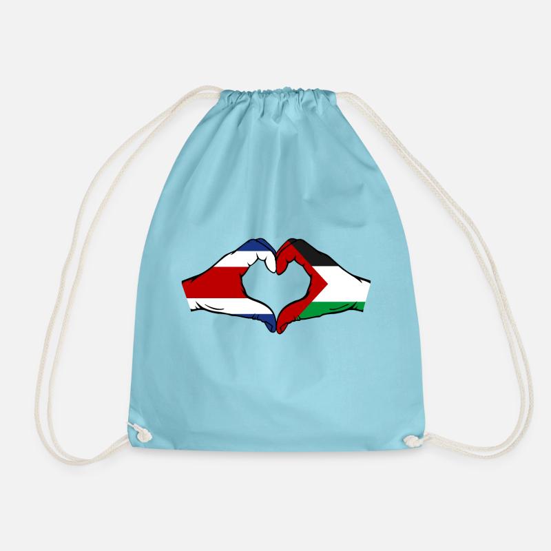 Costa Rica Palestine Flag Hands Heart Shape - Drawstring Bag - aqua