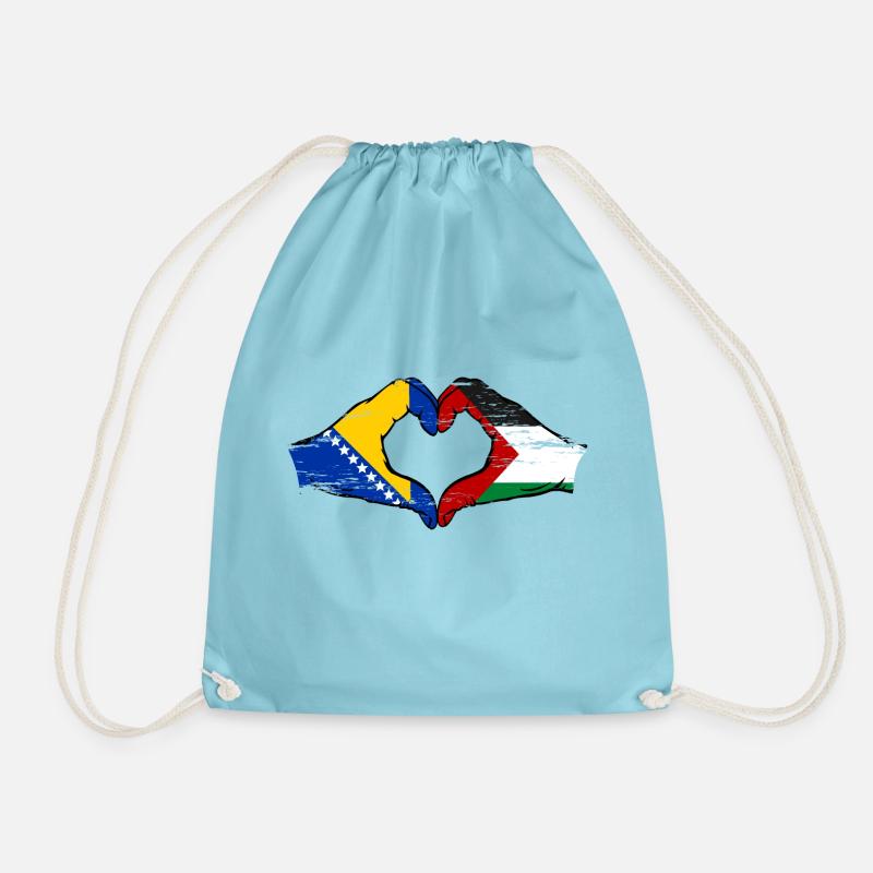 Bosnia Palestine flag hands heart shape used - Drawstring Bag - aqua