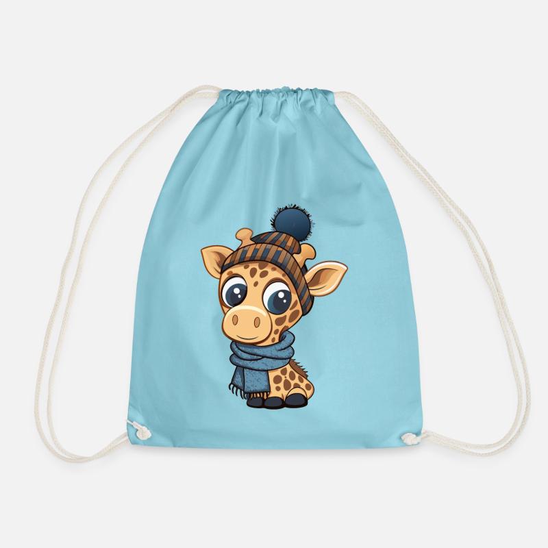 Cute giraffe with scarf and bobble hat. - Drawstring Bag - aqua