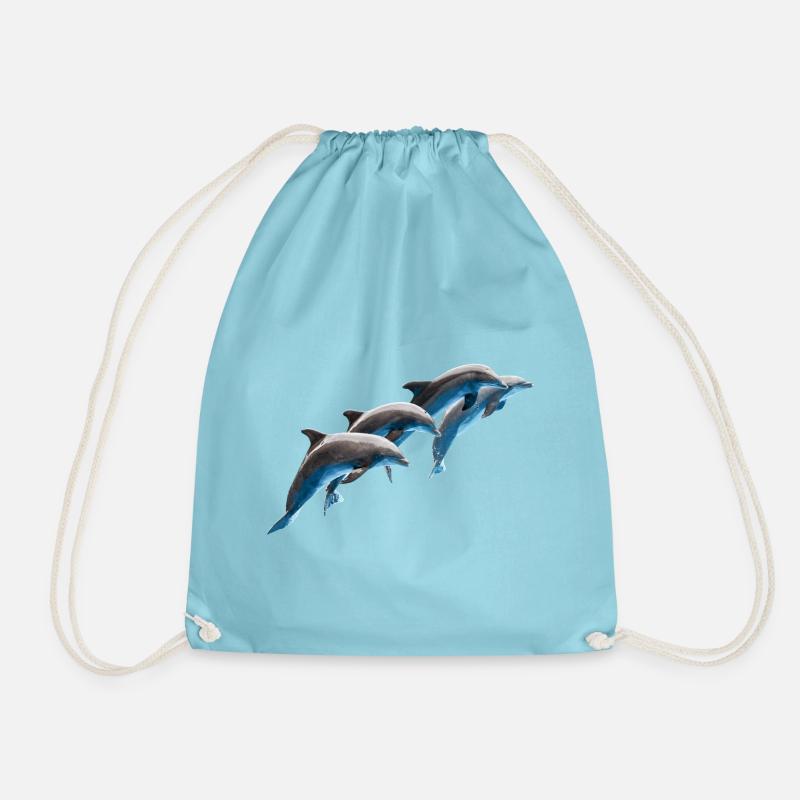 Dolphin Group Jumping, Natural - Drawstring Bag - aqua