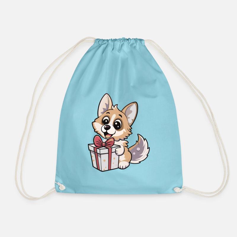 Cute wolf unwrapping gift - Drawstring Bag - aqua