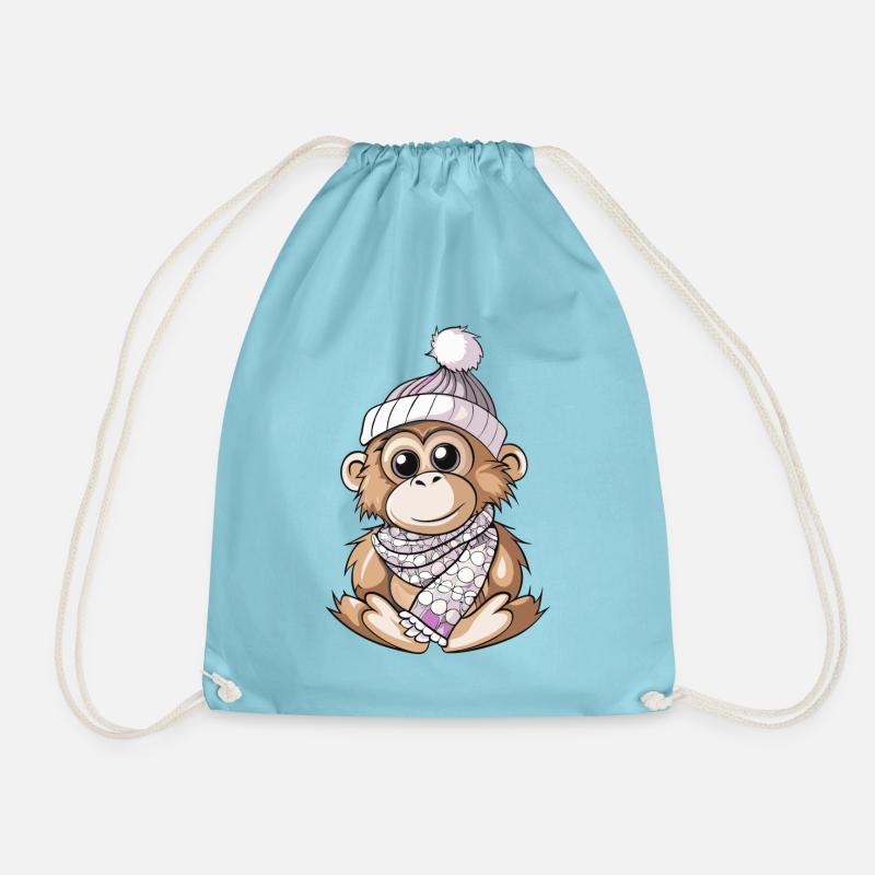 Cute orangutan with scarf and bobble hat. - Drawstring Bag - aqua