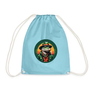 Colorful Alligator Crocodile with Sunglasses and Hat - Drawstring Bag - aqua - Front