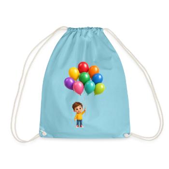 Glückliches Kind mit Regenbogenballons - Turnbeutel - Aqua - Vorne