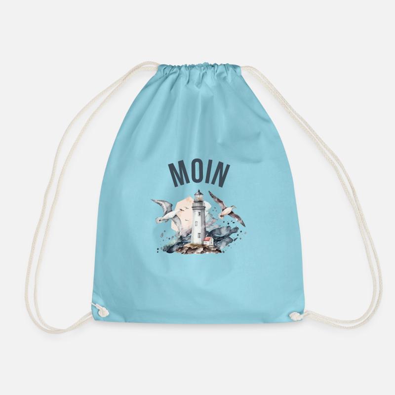 Moin (with lighthouse and seagulls) - Drawstring Bag - aqua