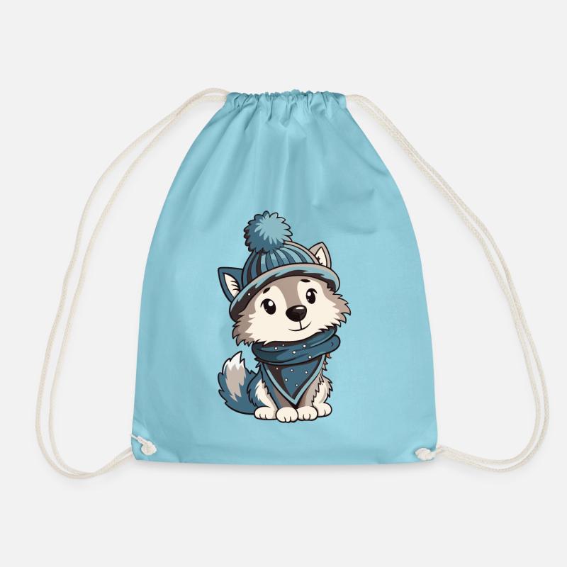 Cute wolf with scarf and bobble hat. - Drawstring Bag - aqua