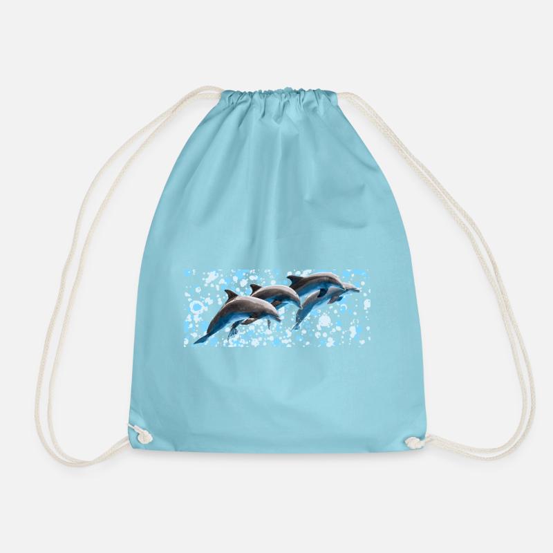 Dolphin Group Jumping, Natural, Water Drops - Drawstring Bag - aqua