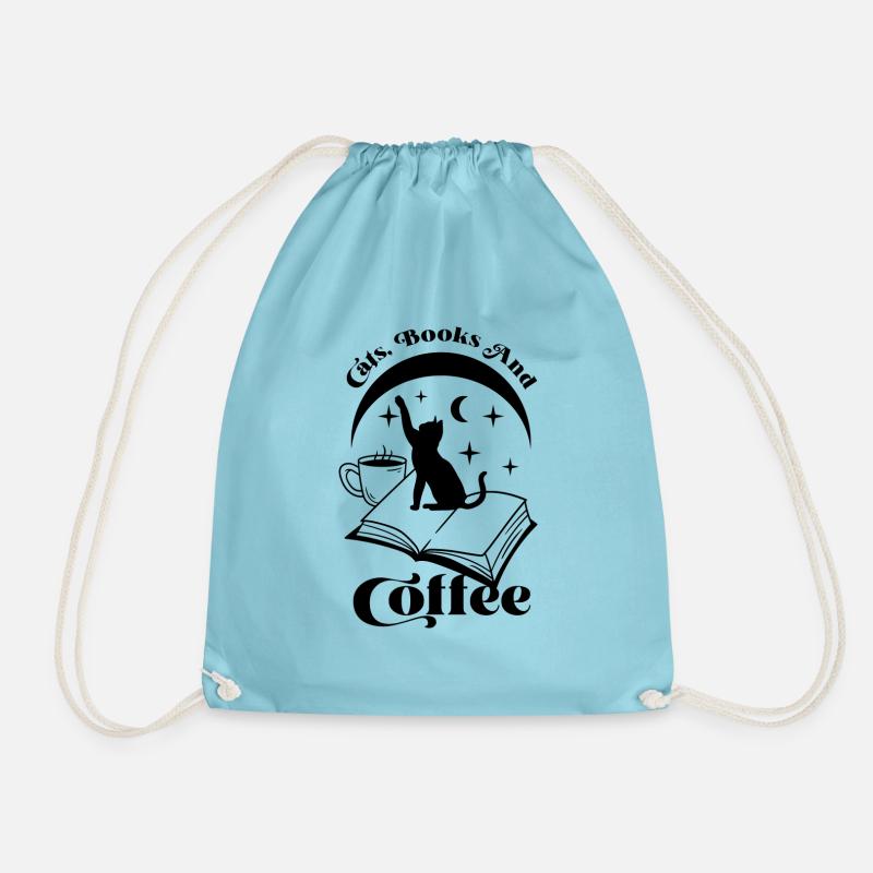 Cat, Book and Coffee - Drawstring Bag - aqua