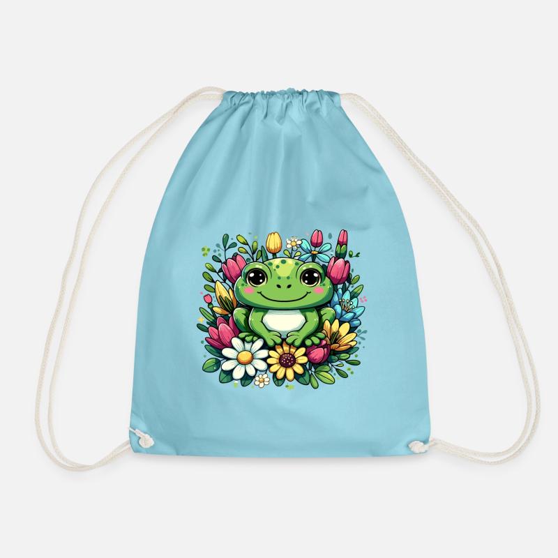 Unique frog design in flower wreath! - Drawstring Bag - aqua