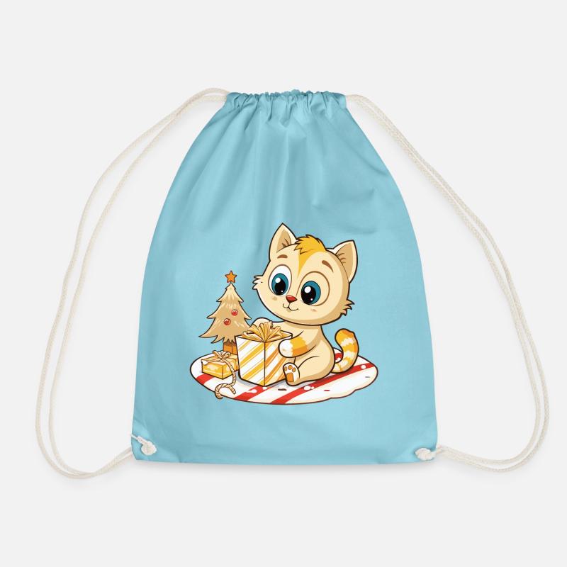 Cute cat unwrapping gift - Drawstring Bag - aqua