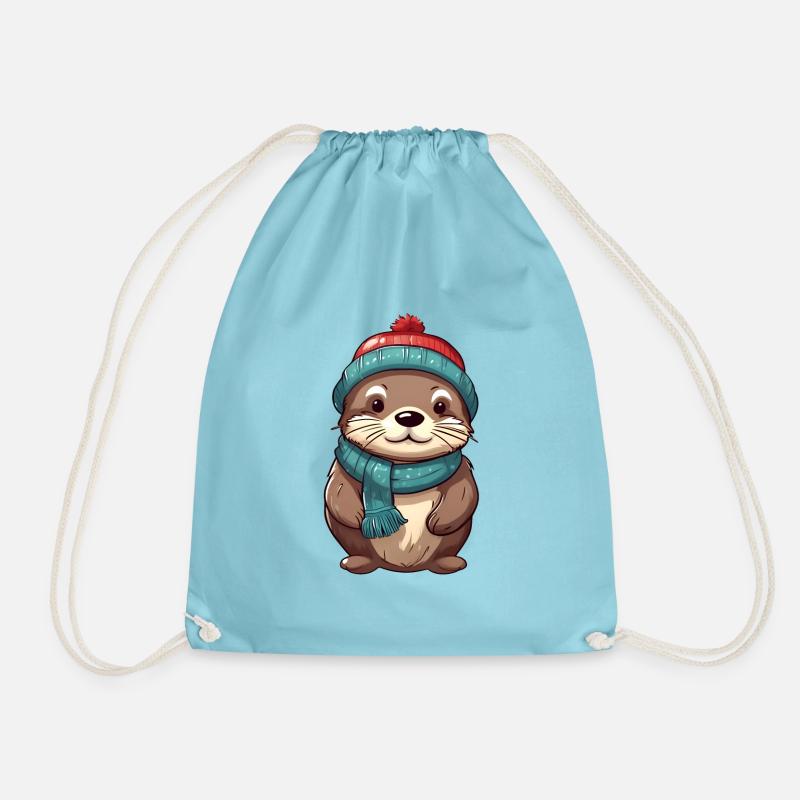 Cute otter in festive winter look! - Drawstring Bag - aqua