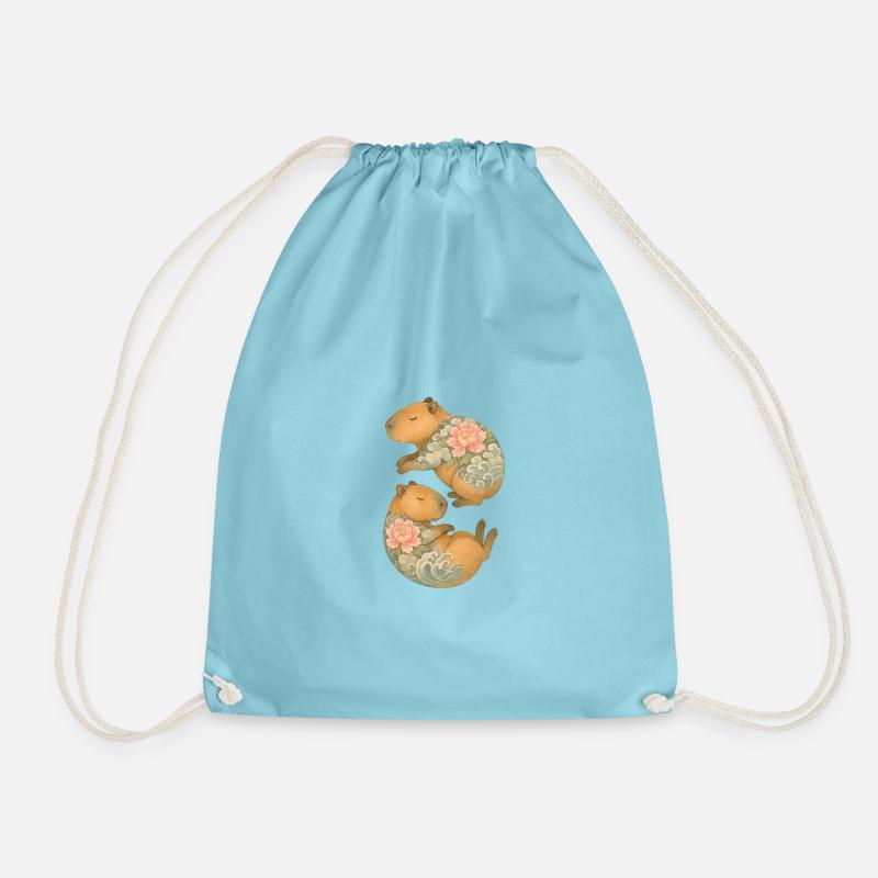 Inked Capybara Companions – Floating Serenity - Drawstring Bag - aqua