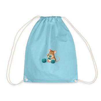Maus wickelt einen Wollpompon - Turnbeutel - Aqua - Vorne