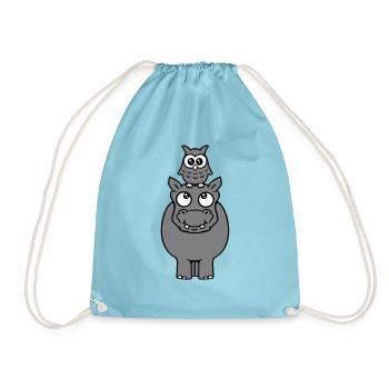 Owl sitting on hippopotamus funny 2 friends riding - Drawstring Bag - aqua - Front