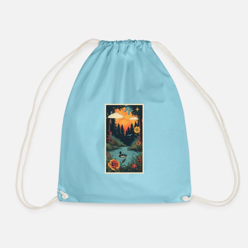 Sunset pond in landscape - Drawstring Bag - aqua