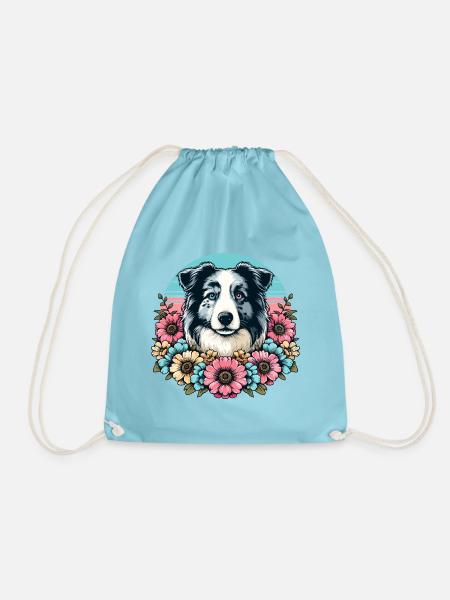 Border Collie Retro Pastell Blumen blue merle - Turnbeutel - Aqua
