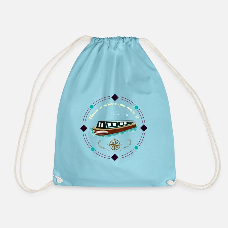 Narrowboat Illustration Home is where You Moore It - Drawstring Bag - aqua